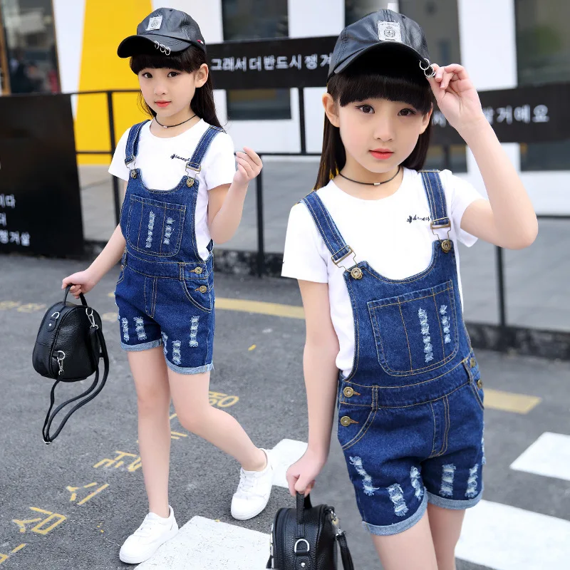 

New Girls Summer Children Ripped Denim Strap Shorts Children's Clothing