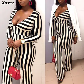 

Women Fashion Contrast Color Striped Deep V Wide Leg Jumpsuit Deep V Neck Xnxee