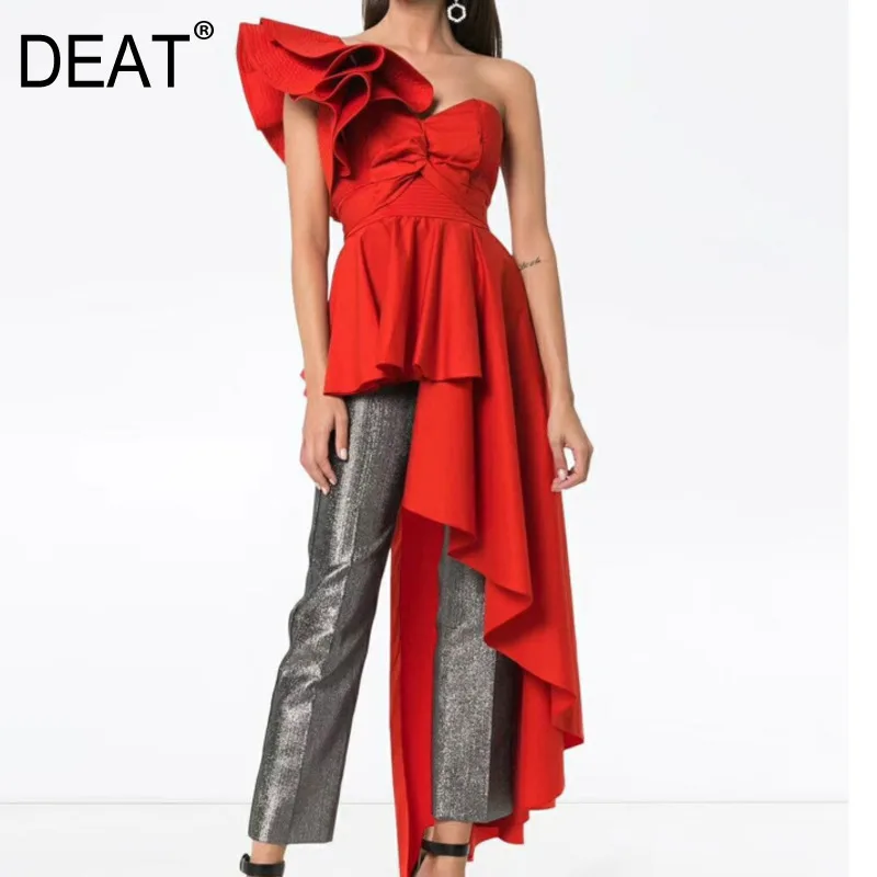 

DEAT fashion new 2019 ruffles pleated off-the shoulder Wrapped chest sexy neck asymmetrical one side long t-shirt women clothes