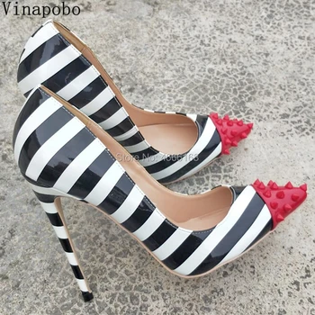 

Zebra Stripes Print High Heels Shoes Woman Red Rivet Pointed Toe Patent Leather 8/10/12CM Stiletto Heeled Pumps Mixed Color Shoe