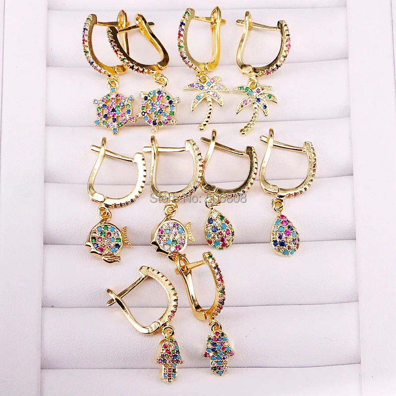 

6Pairs ZYZ319-2839 Gold color charm tree/hamsa hand/drop/fish shape dangle earring for woman girl charm rainbow CZ stone jewelry