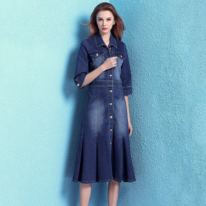 Denim dress female Spring and summer new lapel slim slimming elastic denim temperament ruffle fishtail dress women NW19B6073