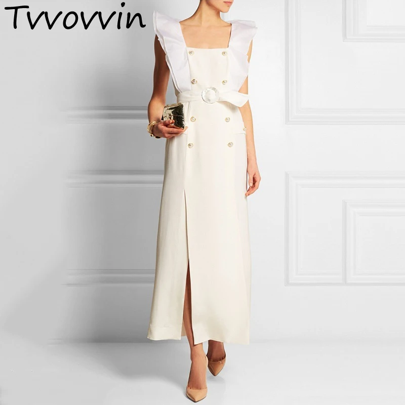 

TVVOVVIN Sleeveless Ruffles Dress Female Sashes High Waist Double Breasted Split Long Dresses 2019 Spring Elegant L251