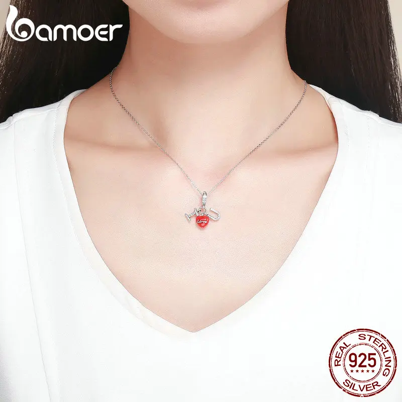 BAMOER 925 Sterling Silver I Love You Pendant Red Heart Clear CZ Charms Fit Charm Bracelets Necklace Valentines Jewelry SCC1055