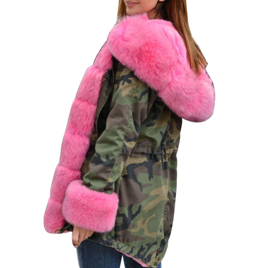 Женская Камуфляжная парка, розовое длинное пальто с воротником из искусственного меха, камуфляжное пальто, Зимняя Толстая теплая меховая куртка с капюшоном, верхняя одежда 5XL