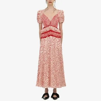 

Comelsexy High Quality Dress 2019 Women Summer Elegant Ruffles V-neck Puff Sleeve Red Lace Dress Long Party Dresses Vestidos