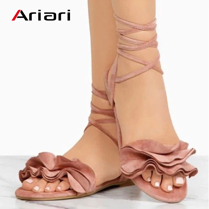 

2019 Women Sandals Summer Style Sweet Fashion Peep Toe Women Shoes Flower Sandals Ankle Lace Up Flat Shoes Woman Comfort Shoes