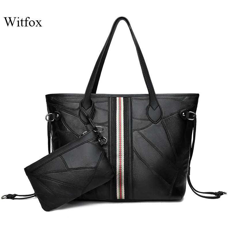 

WITFOX Genuine leather sheep skin women 's shoulder bag big capacity thread pattern shopping packet with small wallet