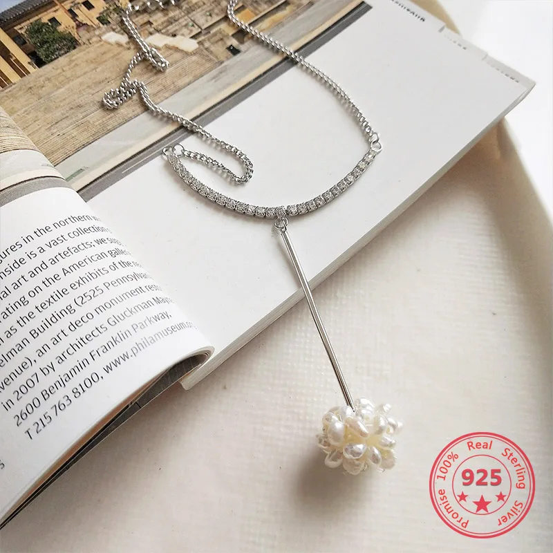 

Pure 925 Silver European American New Design Creative Concise Freshwater Pearl Pendant Zircon Necklace Fine Jewelry