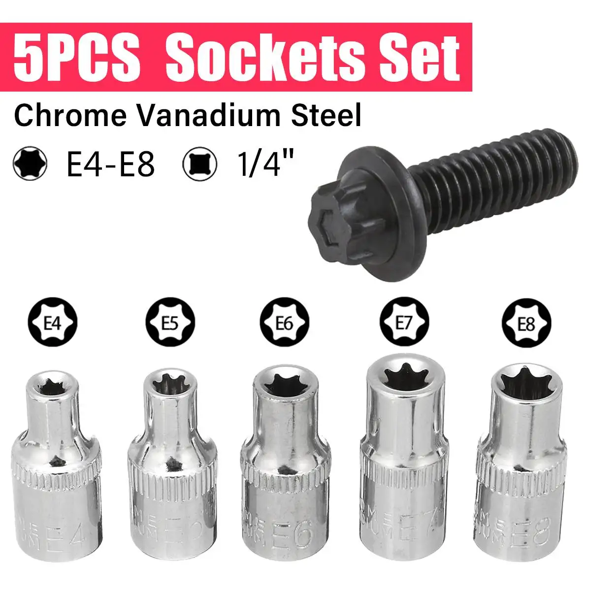 

5pcs 1/4 Drive E Type Torx Star Socket Bits Set E4 E5 E6 E7 E8 Hand Repair Tools Square Hole