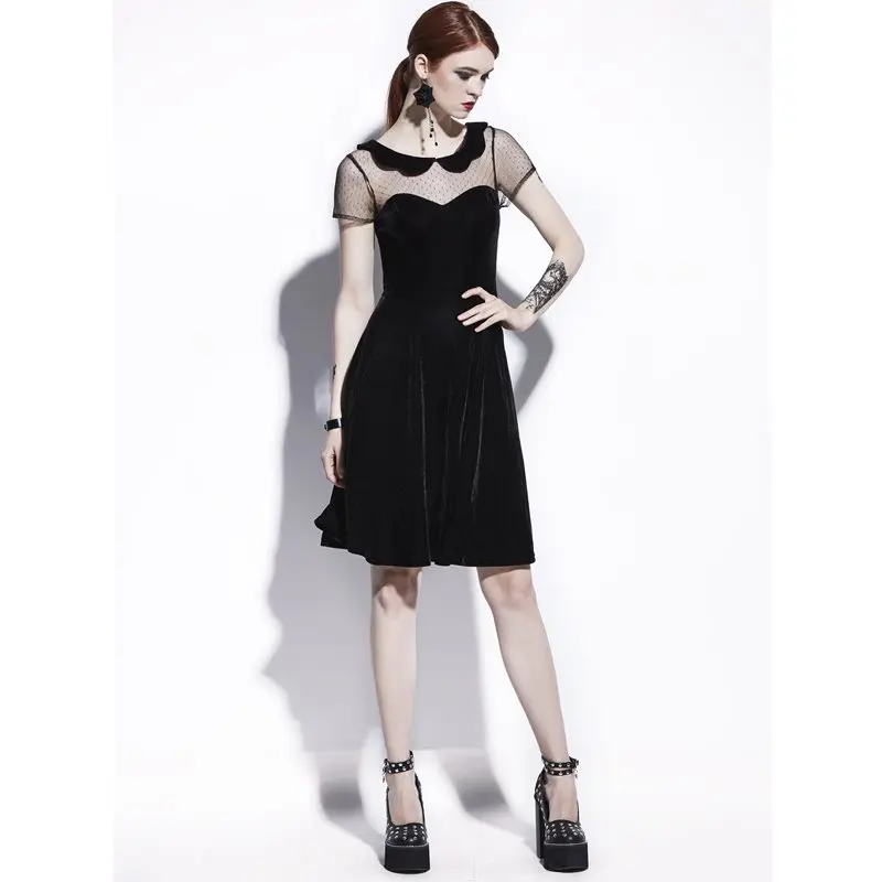 

Summer Velvet Dress Women Gothic Sexy Mesh See Through Solid Black Slim Party Vintage Elegant A Line Girl Casual Velour Dresses