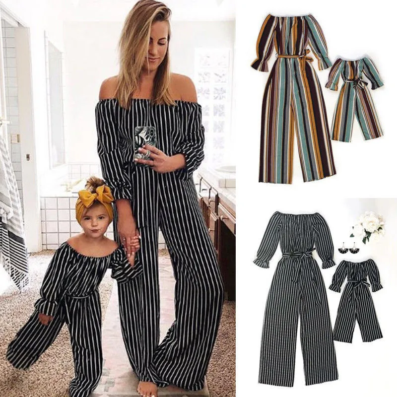 

Fashion Family Matching Outfits Striped Off Shoulder Puff Sleeve Bow Belt Jumpsuit Casual Mom Daughter Wide Leg Pants Romper