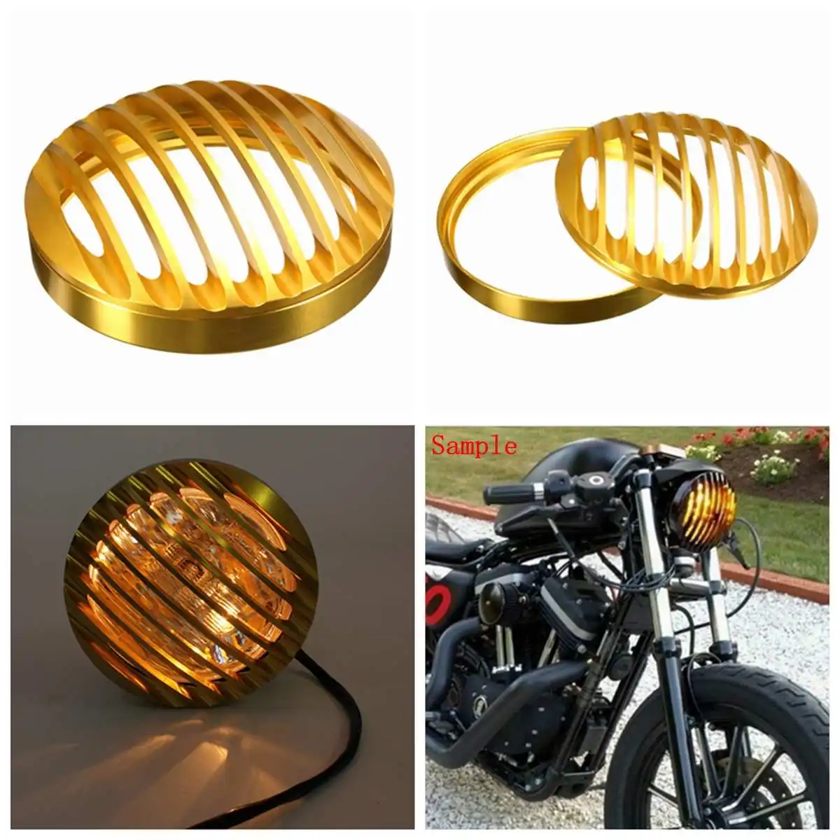 6inch Motorcycle Bullet Halogen Headlight Grill Cover Golden CNC Aluminum For Harleyin Car