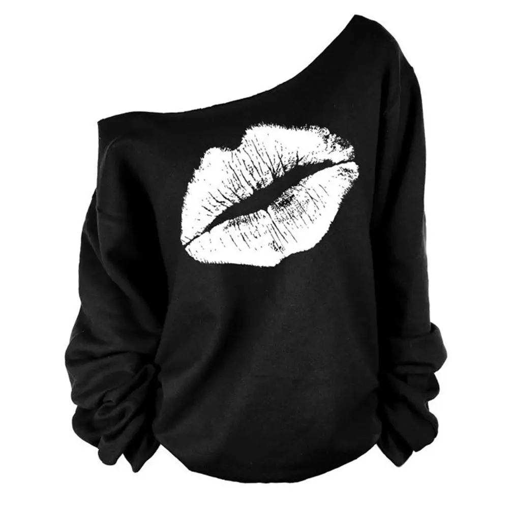 

MISSKY New Spring Autumn tshirt For Women Black Color Sexy One Shoulder Pullover Lips Print Long Sleeve Off Shoulder Female Tops