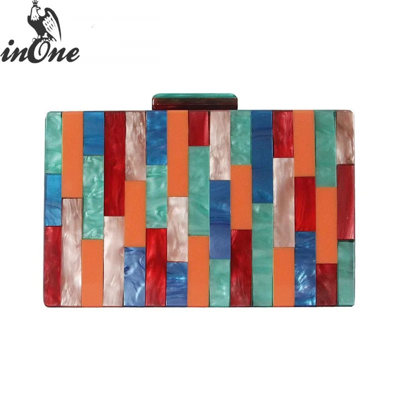

INONE Rainbow Striped Wedding Bridal Party Evening Bag Acrylic Clutch Shoulder Crossbody Bags for Women 2019 Case Box Handbag