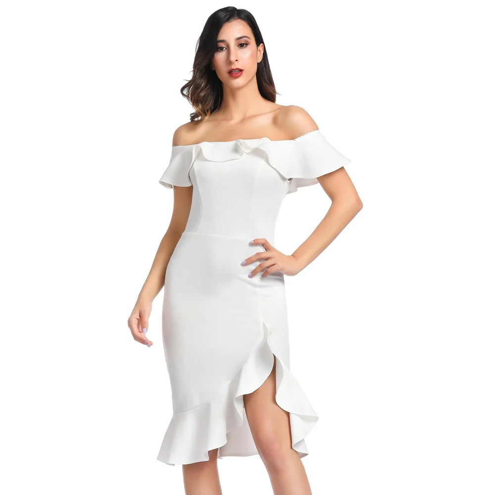 

GK Women's Off Shoulder Ruffles Decorated Hips-wrapped Bodycon Pencil Dress