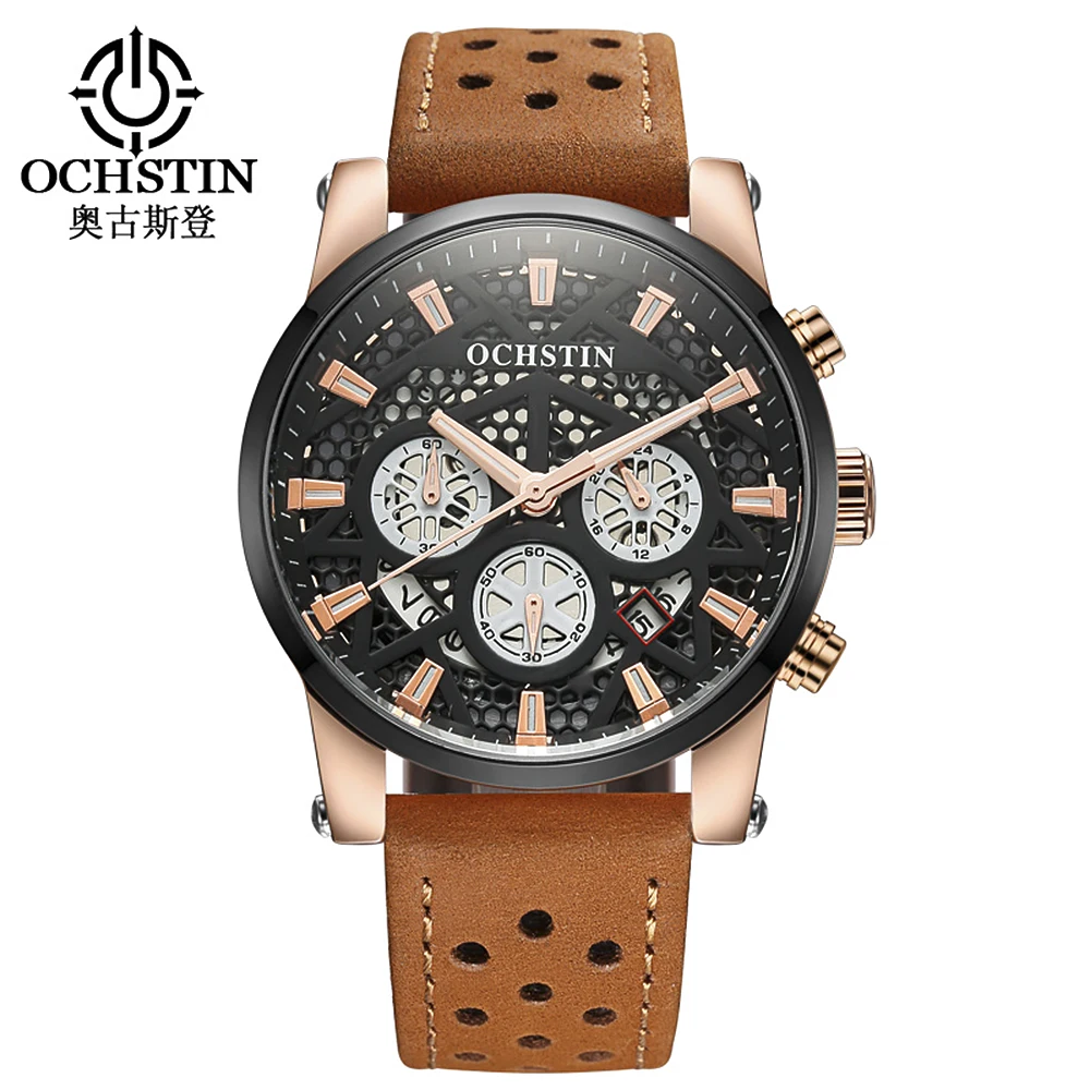 

OCHSTIN GQ067B Mens Watches Top Brand Luxury Quartz Watch Men Genuine Leather Skeleton Luminous Waterproof Man Wristwatch + Box