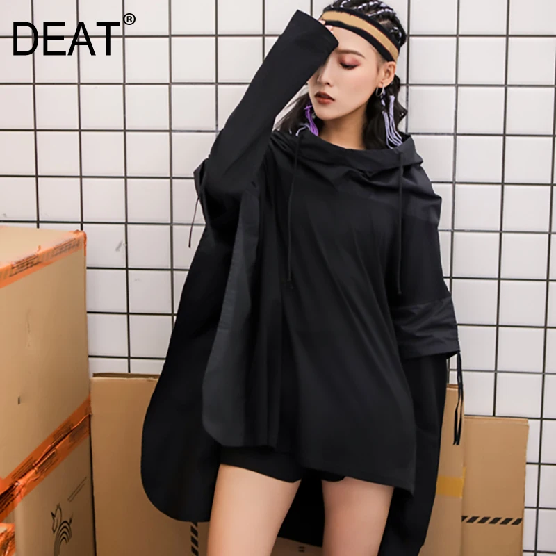 

[DEAT] 2019 New Autumn Winter Hooded Long Sleeve Irregular Hit Color Spliced Loose Big Size Sweatshirt Women Fashion Tide JR539