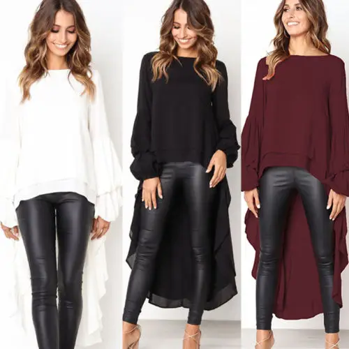 

New Fashion Women's Asymmetric Long Sleeve Chiffon Tunic Bloues Shirt Tops Ladies Casual Flared Sleeves Tops Outfits