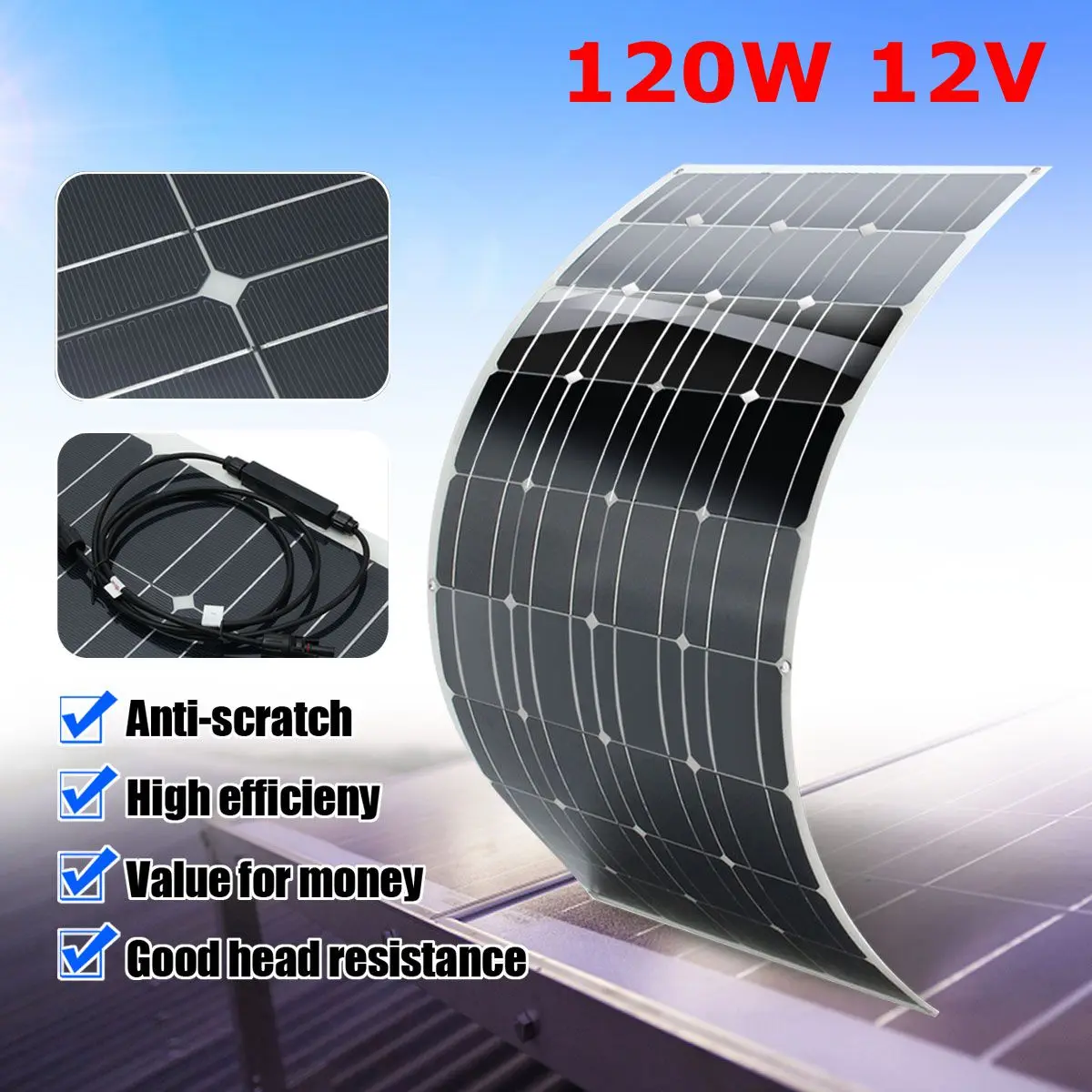 

12V 120W Flexible Solar Panel Plate Solar Charger for Car Battery Charging 18V Monocrystalline Cell Module For Hause,Roof,Boat