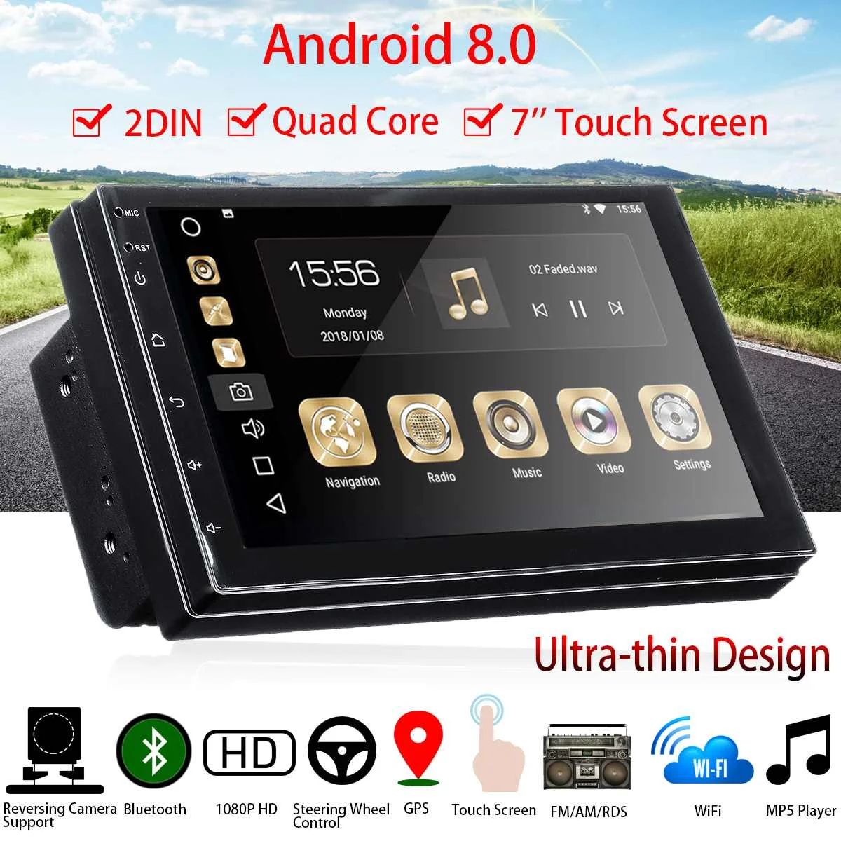 

for Android 8.0 7'' Car Multimedia Player 1+16G HD Screen 2 DIN Car Stereo GPS Navigation Universal Bluetooth WIFI MP5 Player