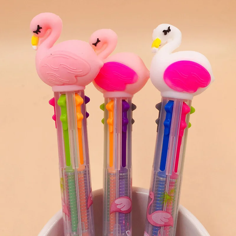 

Pink Flamingo Ballpoint Pen Silicone Head 6 colors in 1 Roller Ball Pens For Writing Kawaii Stationery Chancery Material Escolar