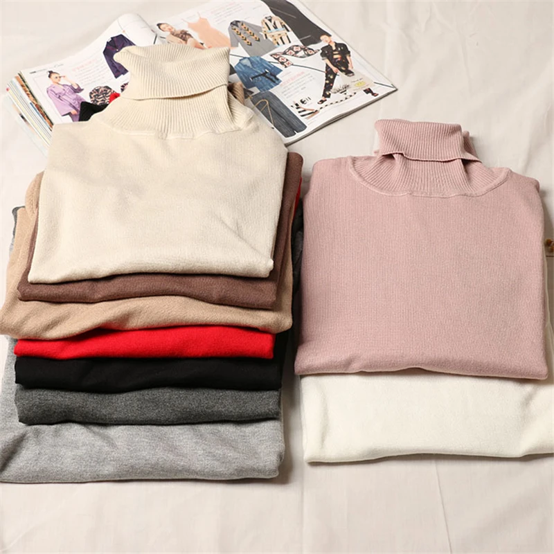

2019 Women Solid Color Sweaters And Pullovers Pink Turtleneck Long Sleeve Winter Tops Casual Knitted Harajuku Women Slim Sweater