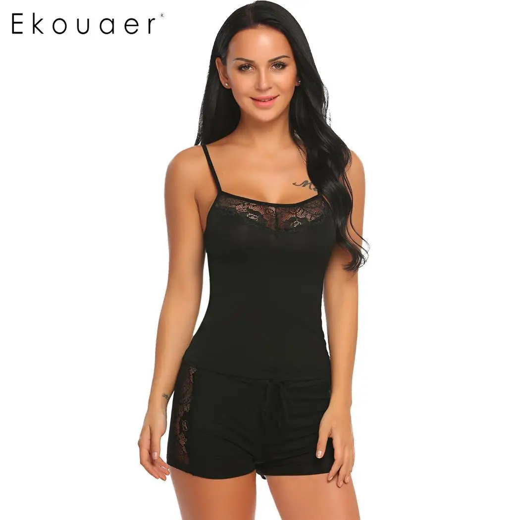 Ekouaer размера плюс, Сексуальная атласная пижама, набор, для женщин, кружево, пэчворк, на бретельках, шорты, пижамы, наборы, для дома, ночные рубашки