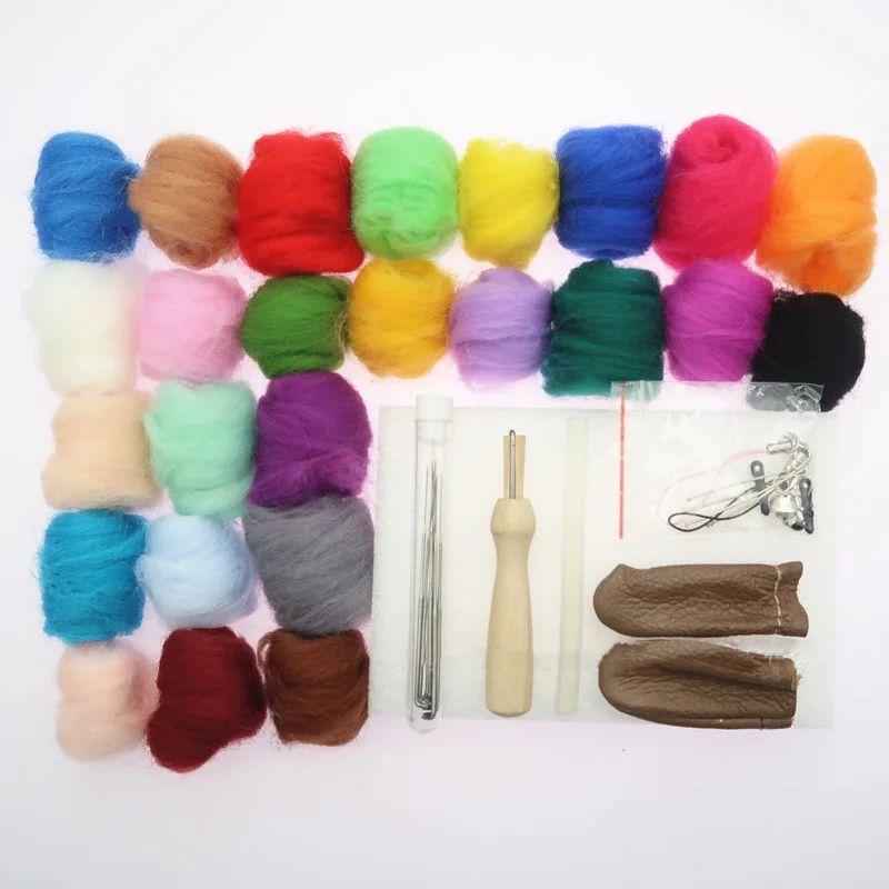 51PCS Kit Needles Felting Starter 25 Color Wool Fibre Roving DIY