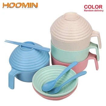 

HOOMIN 5pcs/set Rice Noodle Bowl Cutlery Bowl Plate Set Lunch Box Degradable Wheat Straw Insulation Anti-scalding Food Container