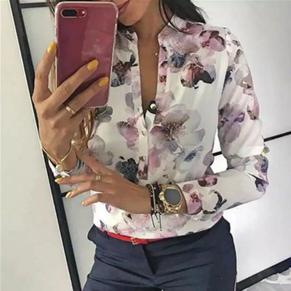 

2019 Spring Fashion Women Flowers Print Ladies Loose Casual Button Down Shirt Floral Print Long Sleeve Blouse Casual Top