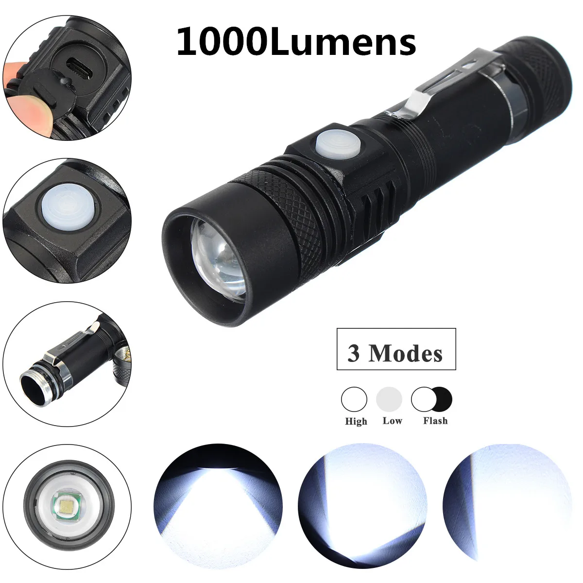 

XANES LED USB Highlight Handy Powerful T6 Flashlights 1000Lumens 3Modes Waterproof Zoomable Mini Flashlight 18650 Rechargeable