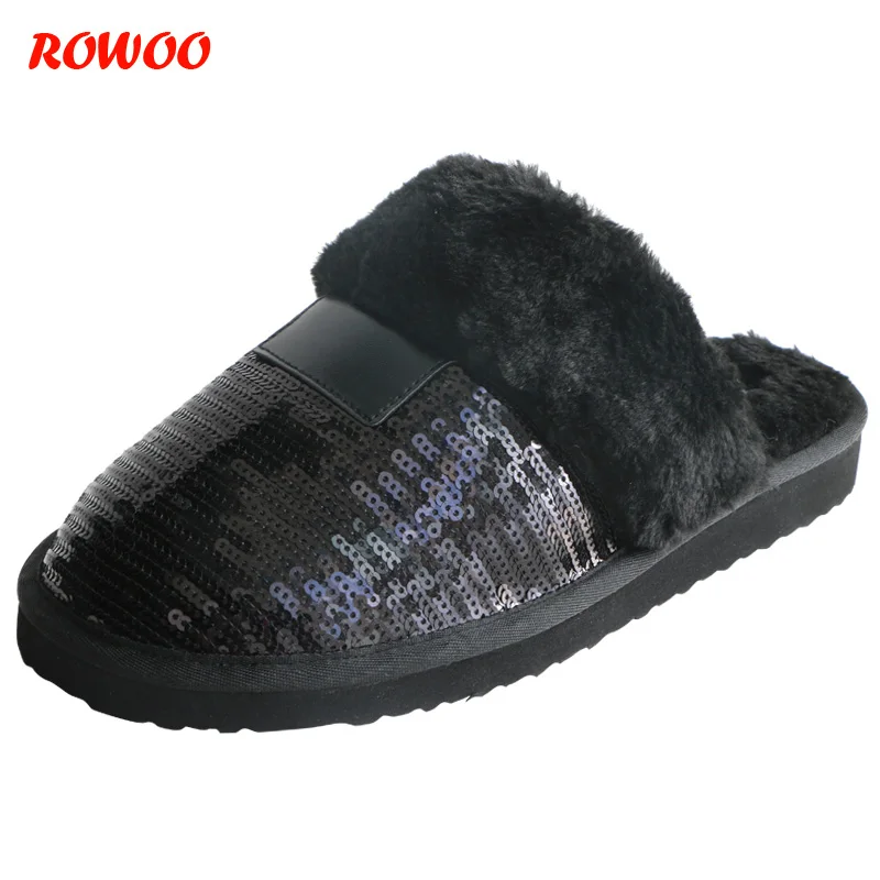 

New Winter Black Sequined Women Slippers Fur Warm Plush Female Slides Indoor EVA Flat Slides Home Flip Winter Shoes For Women
