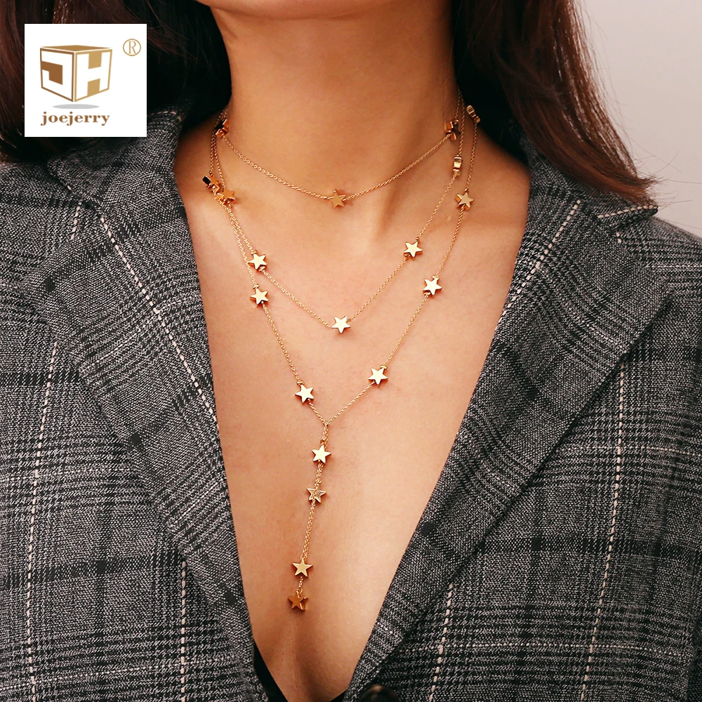 

joejerry Simple Chic Jewish Star 3 Layer Chain Statement Necklace Golden necklaces Long Jewelery Women Accessories