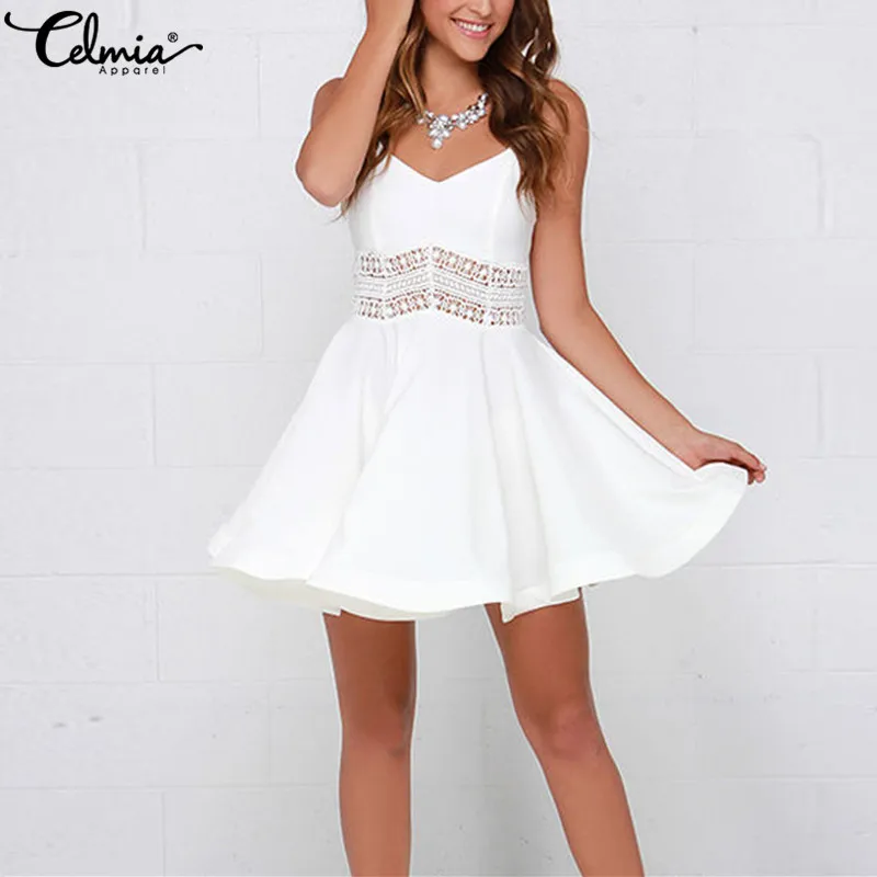 

Plus Size Bohemian Women Summer Dress 2019 New Celmia Strap V Neck Casual Sexy Mini Dresses Crochet Lace White Skater Vestidos