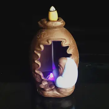 

Backflow Incense Burner + 10pc Incense Cones Smoke Waterfall Incense Holder The Little Monk Cermamic Censer With LED Light