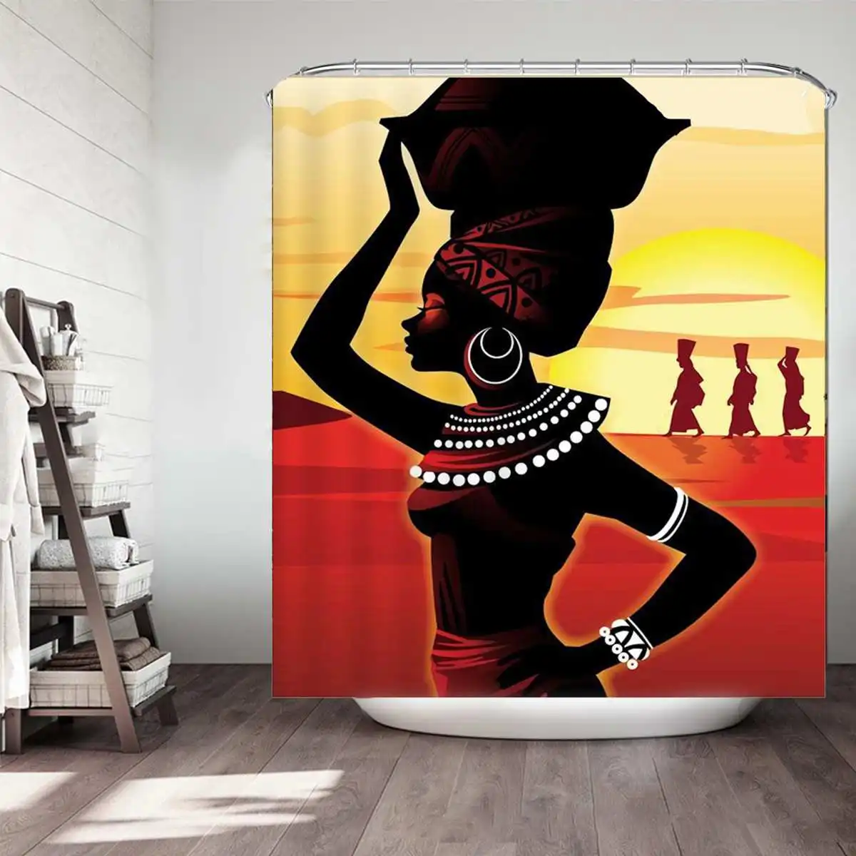 African Girl Waterproof Bathroom Shower Curtains with C shaped Curtain