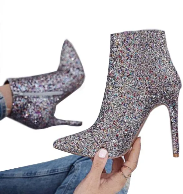 

Explosion models ladies flash drill high heel women's fine with high-heeled pointed Worker boots short boots silver Eur 35-40
