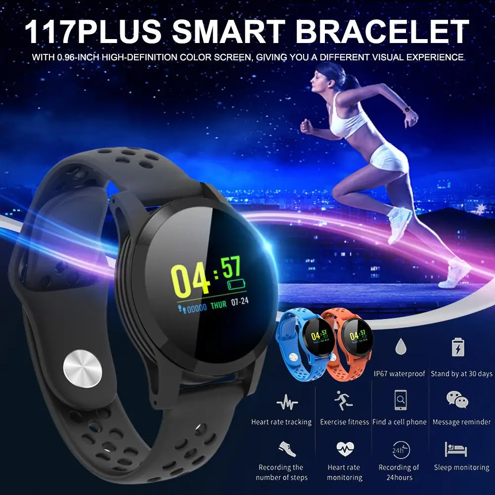 

117plus Smart Bracelet Fitness Tracker Color Screen Heart Rate Blood Pressure Sleeping Monitor Waterproof IP67 Information Push
