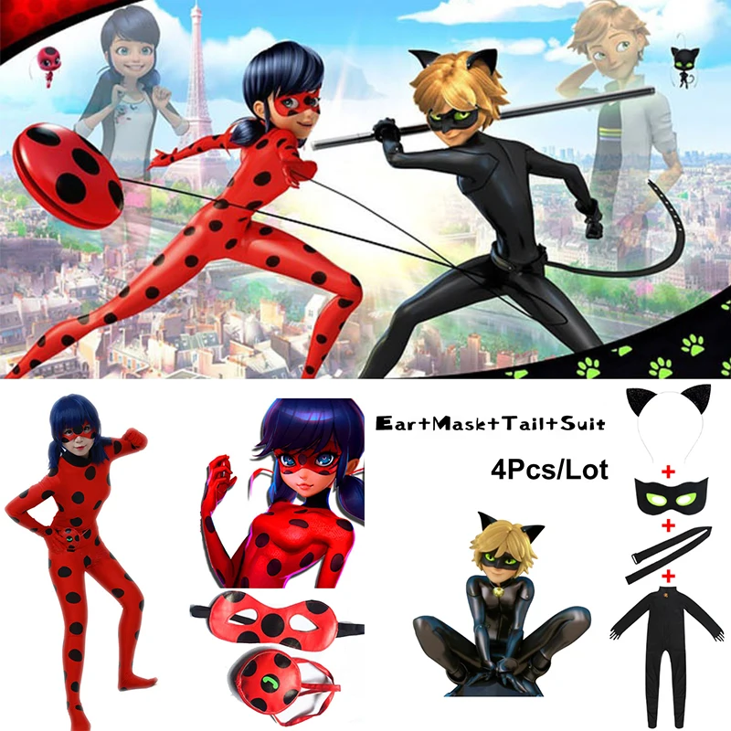 

Ladybug Costume,New Ladybug Party Kids Boys Clothing Sets Black Cat Noir Carnival Cosplay For Adults MenJumpsuit Mask Costume