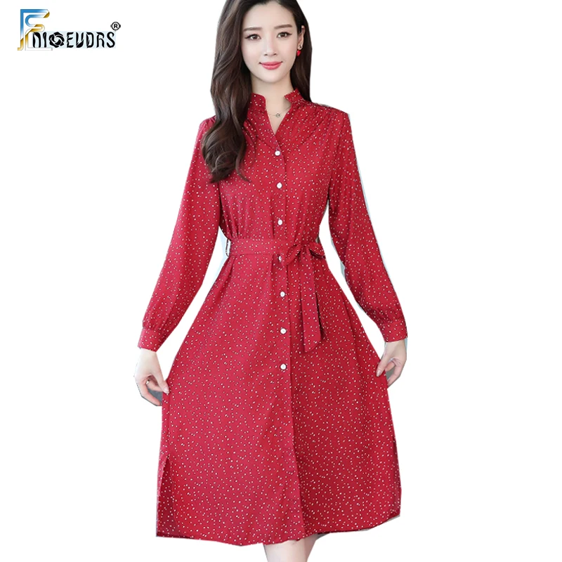 

V Neck Dresses Women Korean Style Design Bow Tie Belt Dress Elegant Office Lady Button Shirt Dress Print vestidos verano 2019