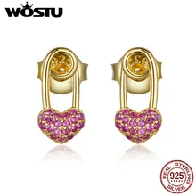 WOSTU 925 пробы серебряные серьги-гвоздики в виде РОЗОВОГО СЕРДЦА циркон золото; серебро; Сережки для женщин Свадебные украшения для помолвки CTE043