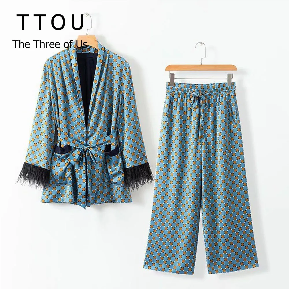 TTOU модная куртка с принтом комплект для женщин свободное кимоно пальто галстук-бабочка пояса карманы бант украшение верхняя одежда негабаритных дам Осень