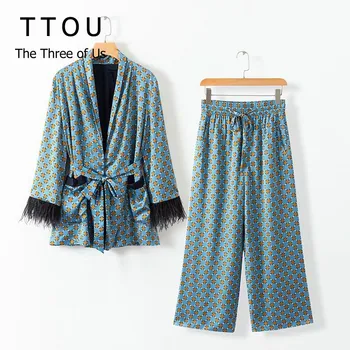 

TTOU Fashion Printed Jacket Set Women Loose Kimono Coat Bow Tie Sashes Pockets Bow Decorate Outerwear Oversized Ladies Autumn