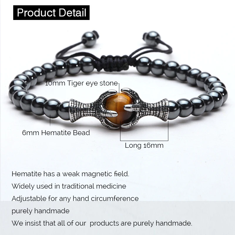 Billige Natürliche Stein Armband Männer 6mm Hämatit Perle mit Adler Geflochtenen Seil Einstellbar Mens Armbänder 2019 Homme Mcllroy Männlichen Schmuck