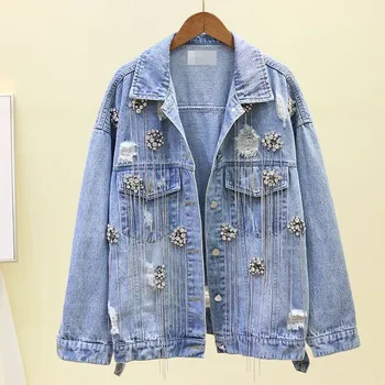 

Beading tassel hot drilling holes denim jacket women long sleeve fashion jackets 2020 new arrival