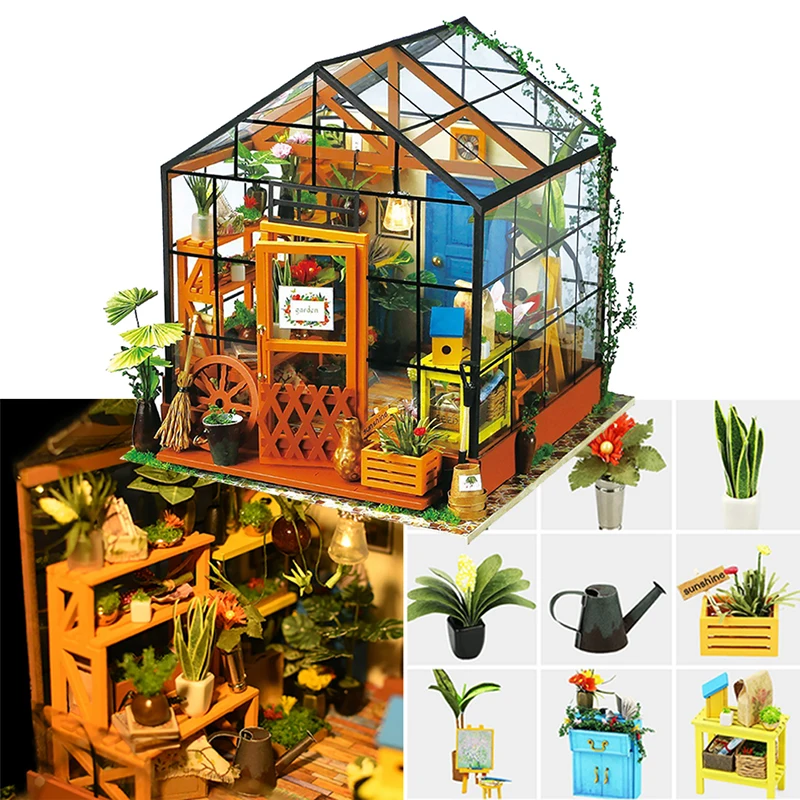 DIY Wooden Flower house Miniature Dollhouse 3D LED Mini Dollhouse Kit With Furniture Kit Light Creative Christmas Gift