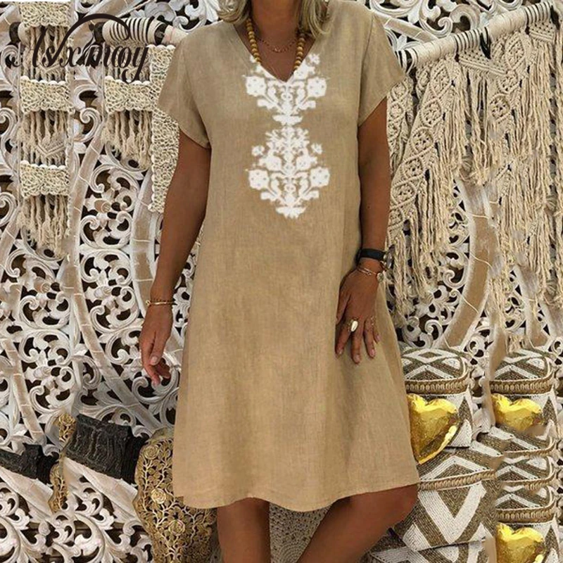 

Women Dresses Knee Length Streetwear Fashion Summer Dress Women Plus Size 5XL Cotton Linen Dress Vintage Casual Vestidos Mujer
