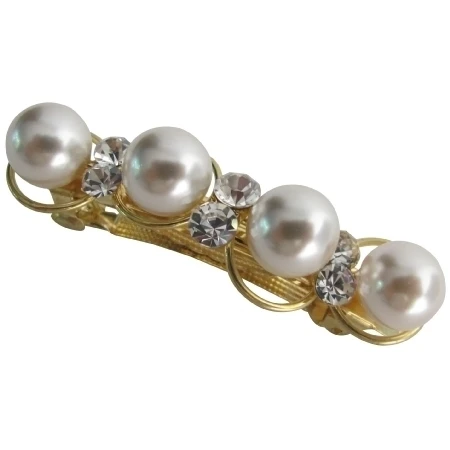 Bridal Barrette Golden Tone 10mm White Pearls &amp Crystals | Красота и здоровье