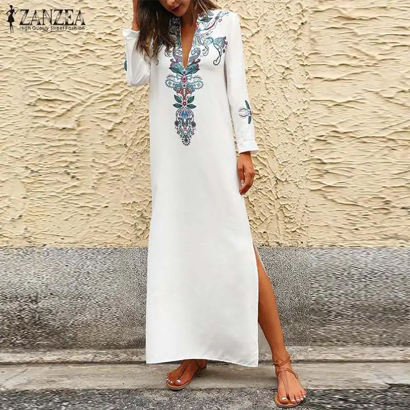 

Women Long Maxi Dress ZANZEA 2019 Summer Bohemian Print Sexy Deep V Neck Sundress Sarafans Dress Beach Party Robe Femme Oversize